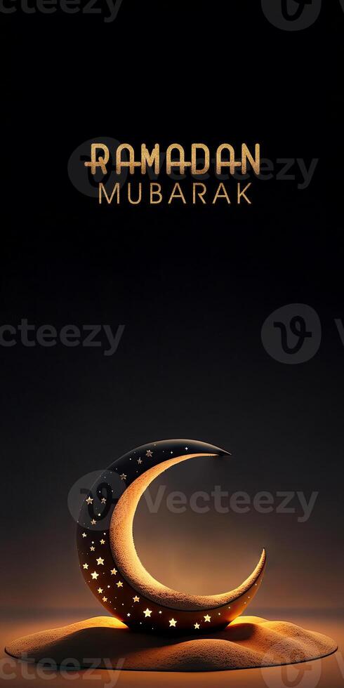 Ramadan Mubarak Banner Design With Golden Glittery Text, 3D Render of Crescent Moon Decorated With Glowing Stars On Dune. photo