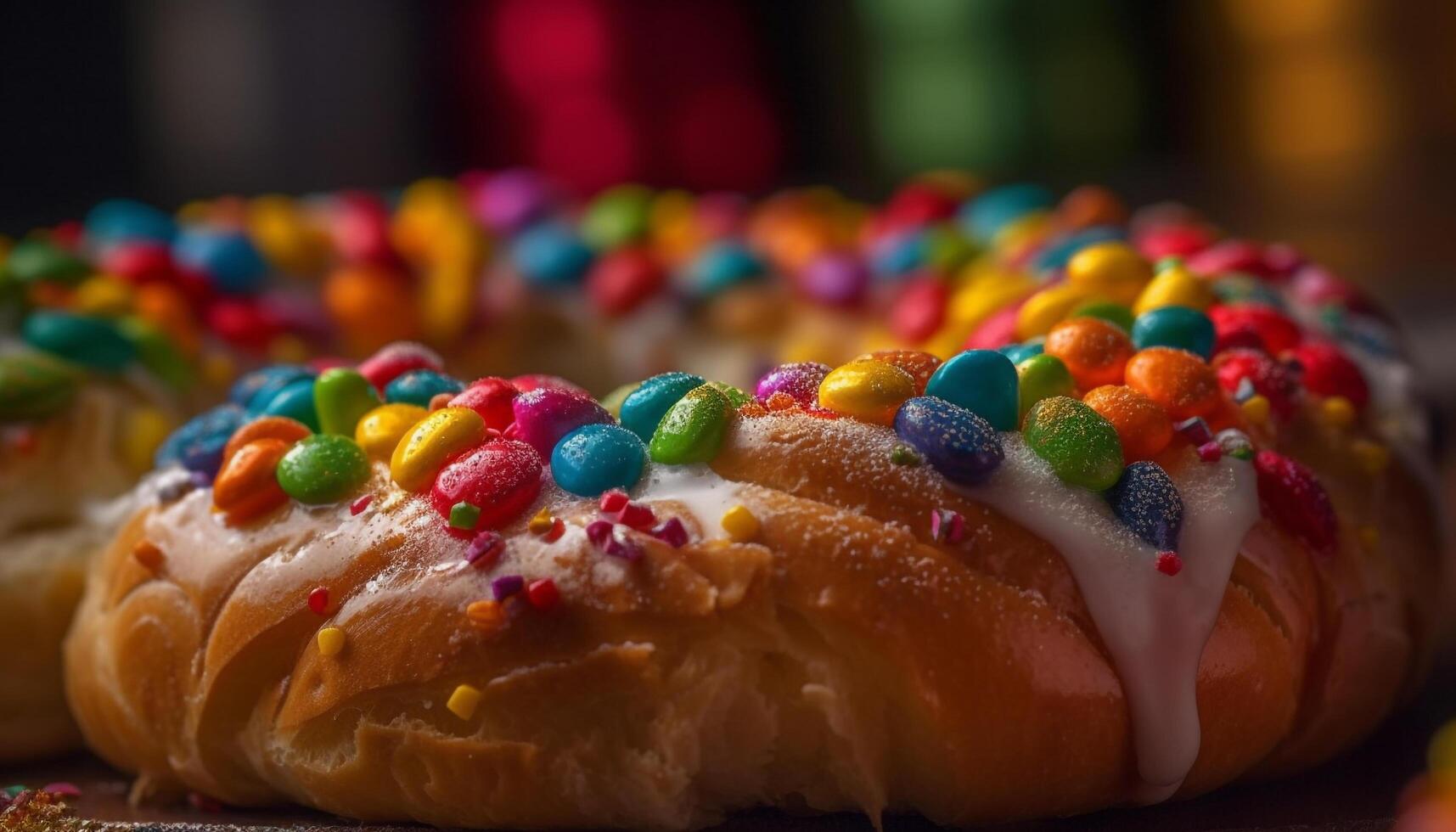 Multi colored donut with icing and sprinkles generated by AI photo