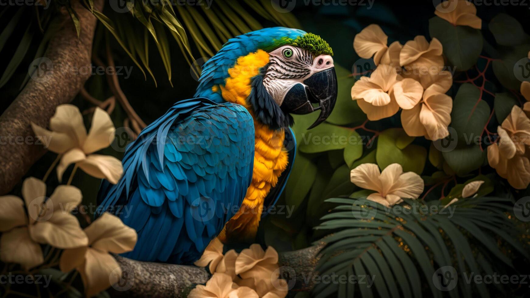 Colorful pair of parrots sitting on branch between leafs Tropical rainforest , flowers in the background, 3D rendering incredibly detailed. photo