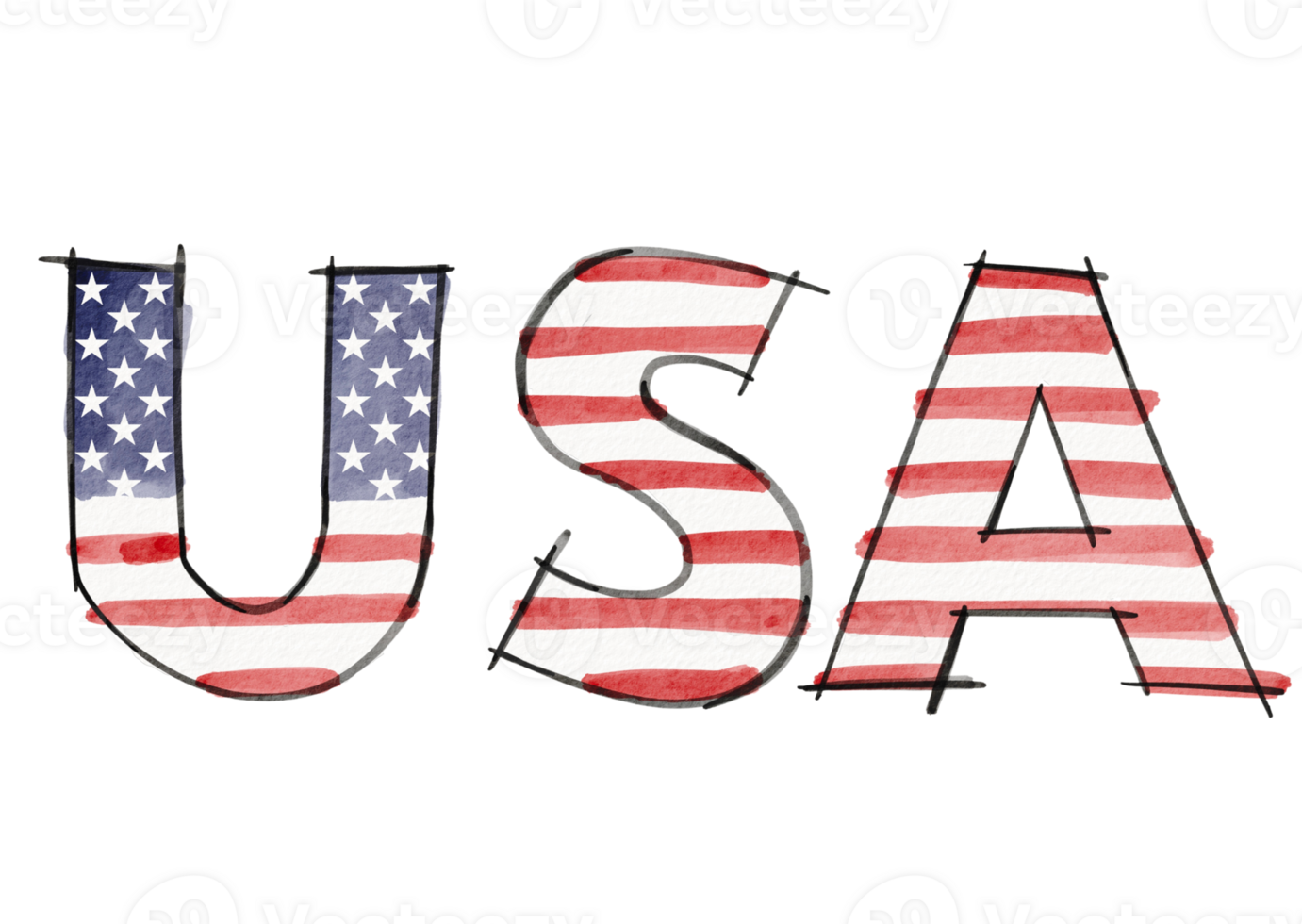 Hand draw USA text with United state of  America flag inside  watercolor  brush paint isolate on png