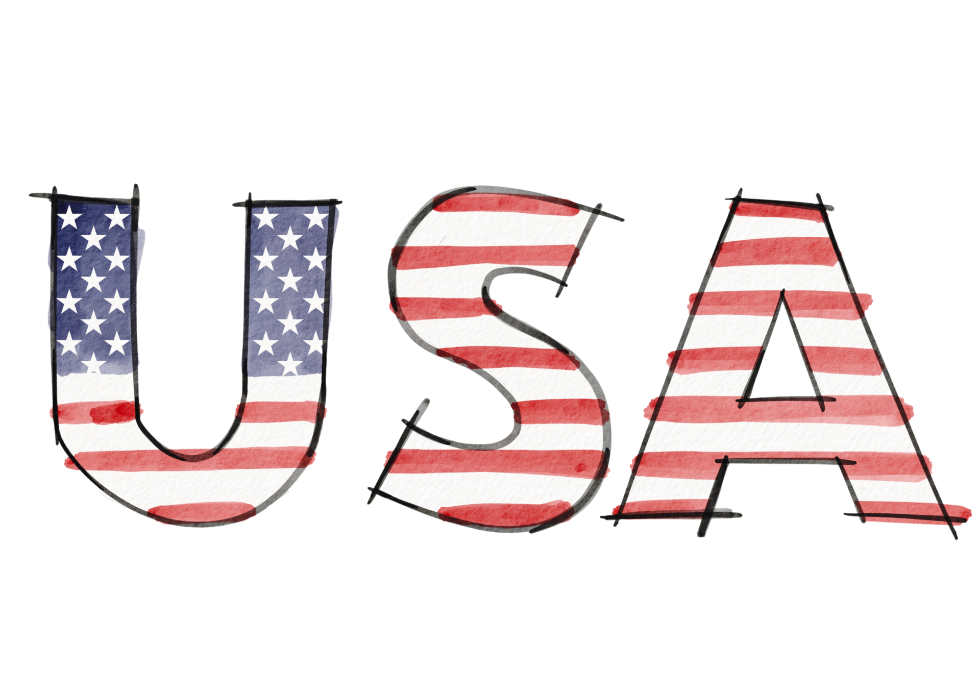 Hand draw USA text with United state of America flag inside watercolor