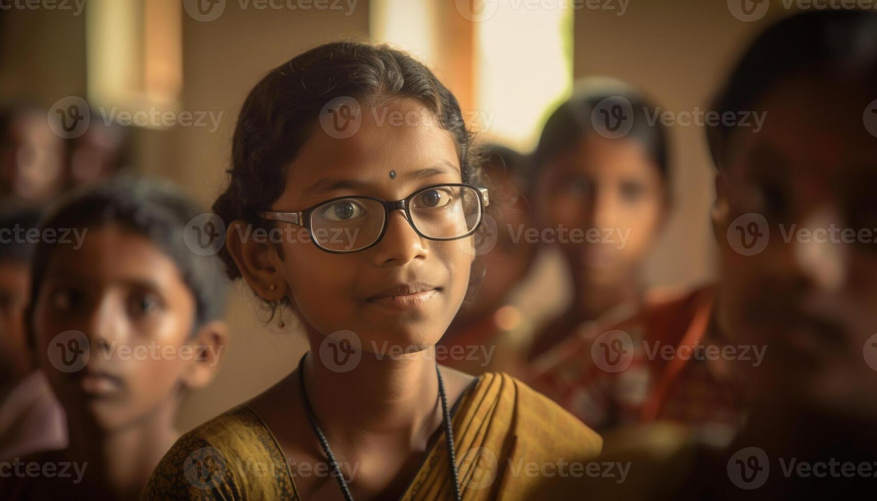 Smiling schoolchildren studying together indoors with confidence generated by AI photo