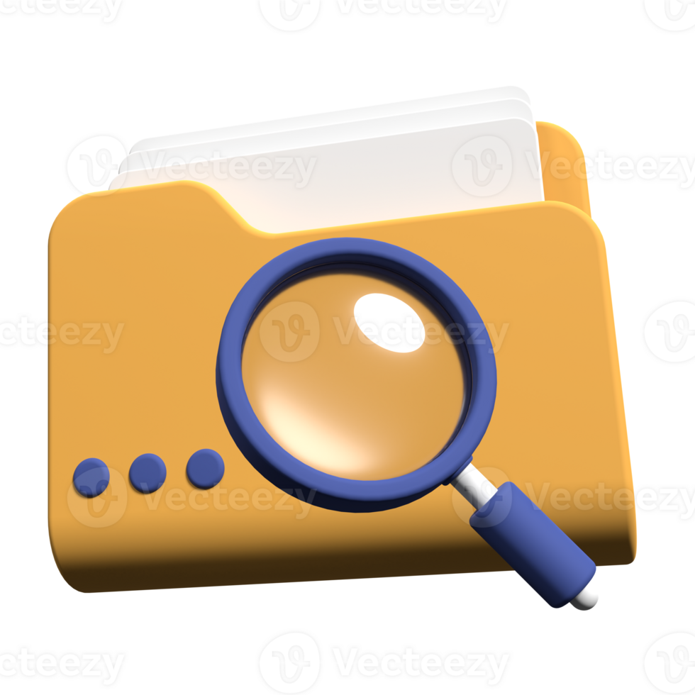 3d magnifying glass and yellow folder with files. Concept of document search. Search folder in 3d render. 3d rendering illustration png