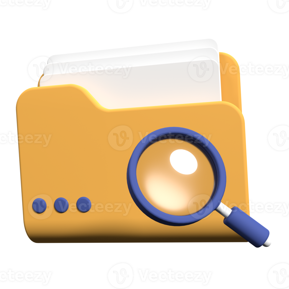 3d magnifying glass and yellow folder with files. Concept of document search. Search folder in 3d render. 3d rendering illustration png