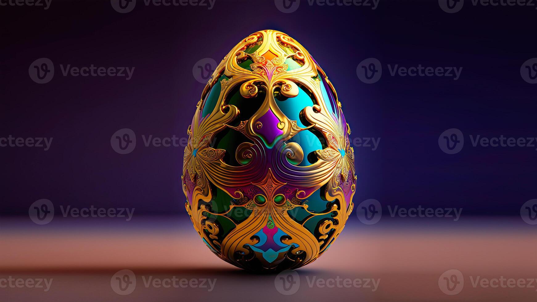 3D Render of Colorful Floral Egg On Brown And Purple Background. Easter Day Concept. photo