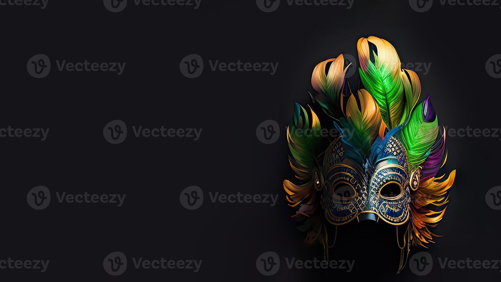 3D Render of Multicolored Fantasy Feather Mask On Black Background And Copy Space. photo