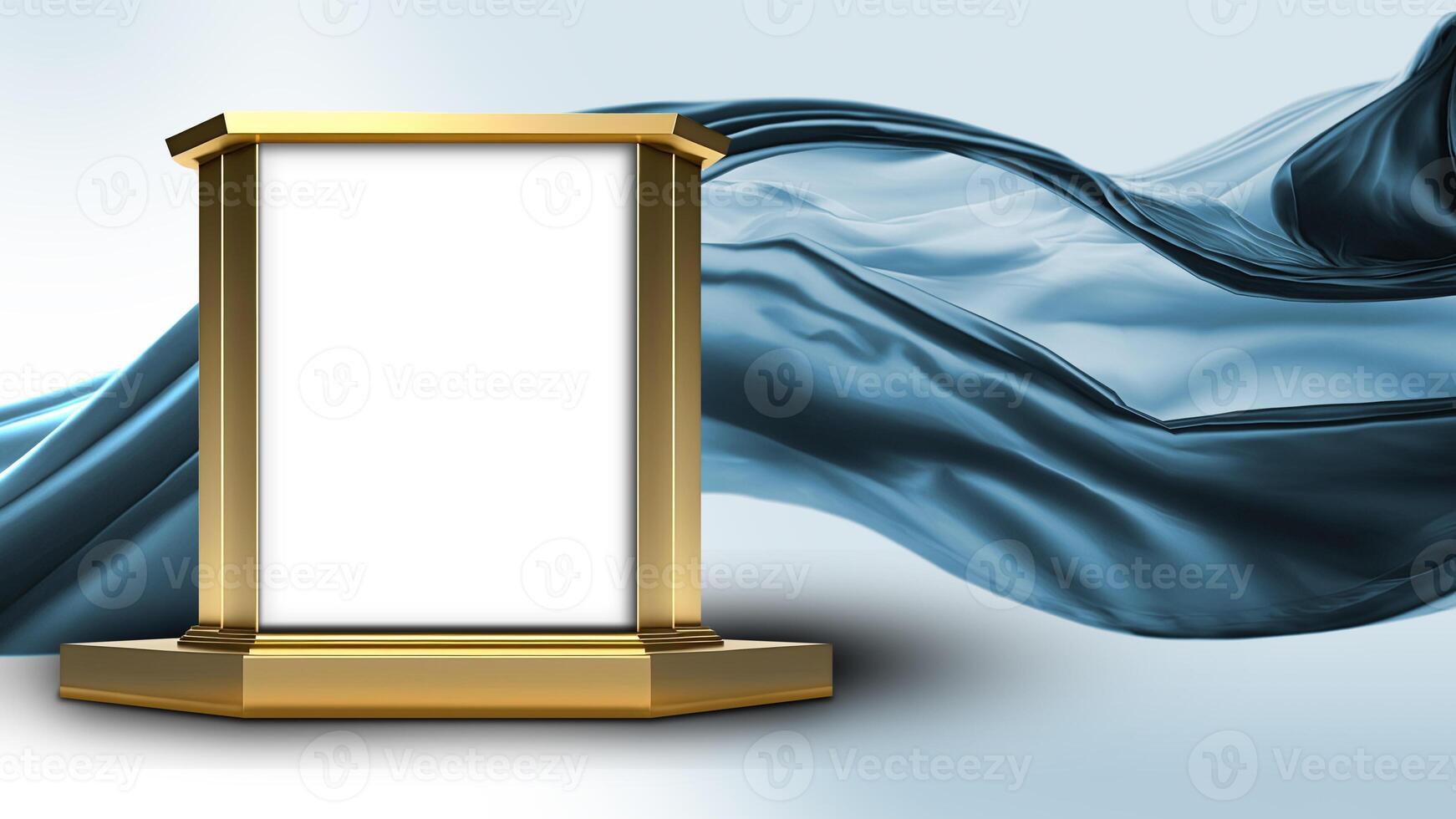 3D Render of Blank Golden Frame Stand or Stage Mockup On Blue Floating Silk Fabric Background. photo