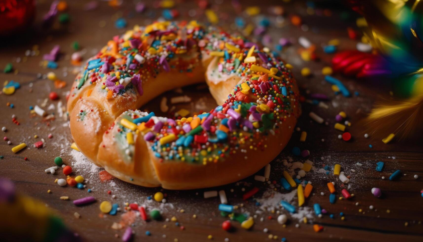 Indulgent donut with confetti icing and sprinkles generated by AI photo