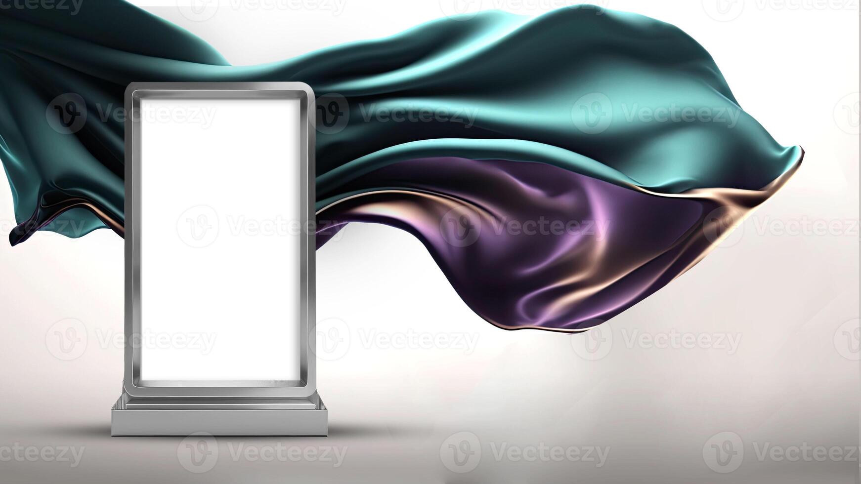 3D Render of Blank Silver Rectangle Frame Stand or Product Screen Mockup And Floating Silk Fabric On Gray Background. photo