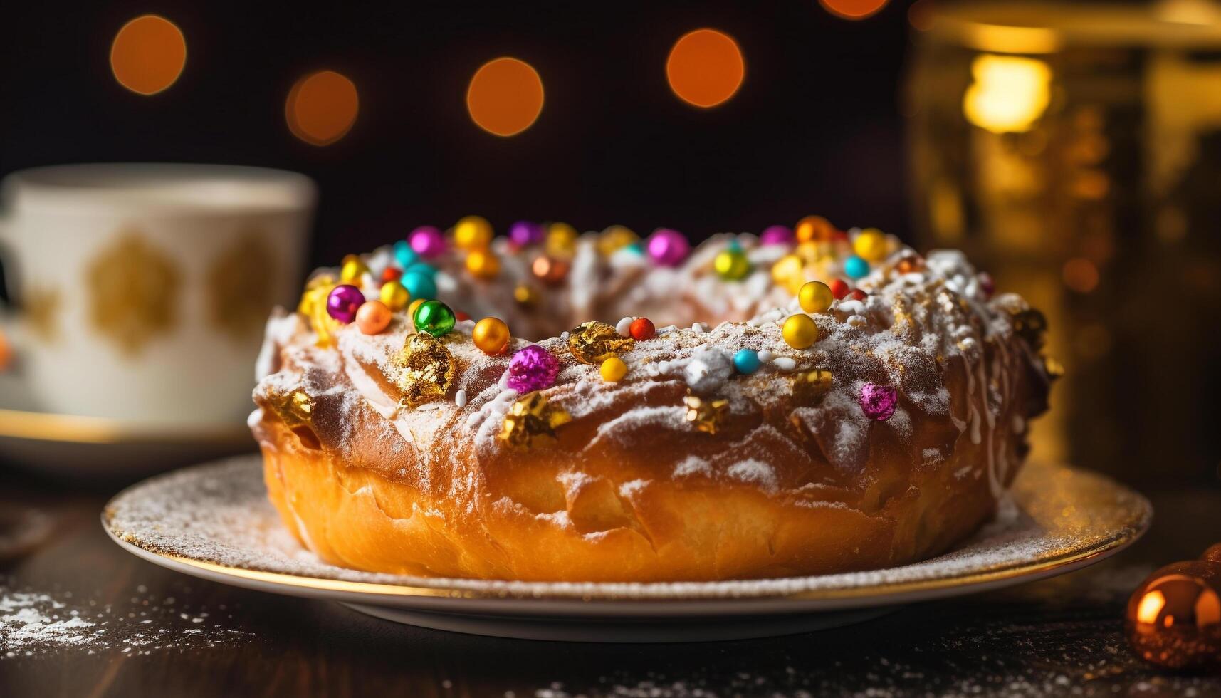 Sweet donut with chocolate icing on plate generated by AI photo