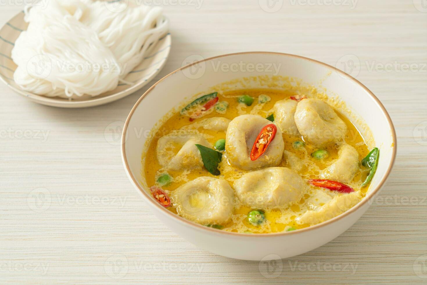 Green curry soup with Fish ball photo