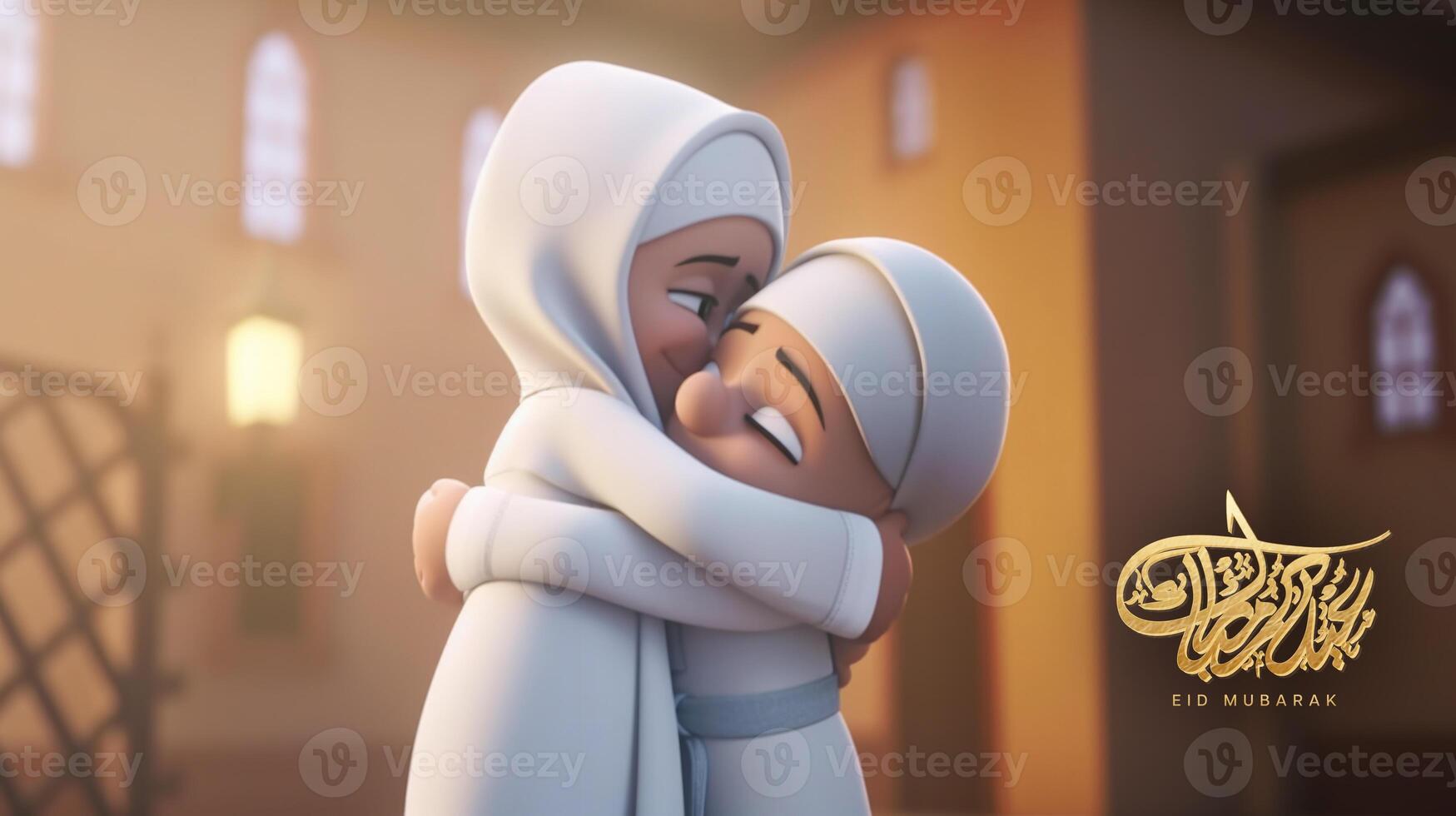 Adorable Cartoon Avatar of Muslim Girls Hugging and Wishing Each Other for Eid Mubarak Concept, . photo