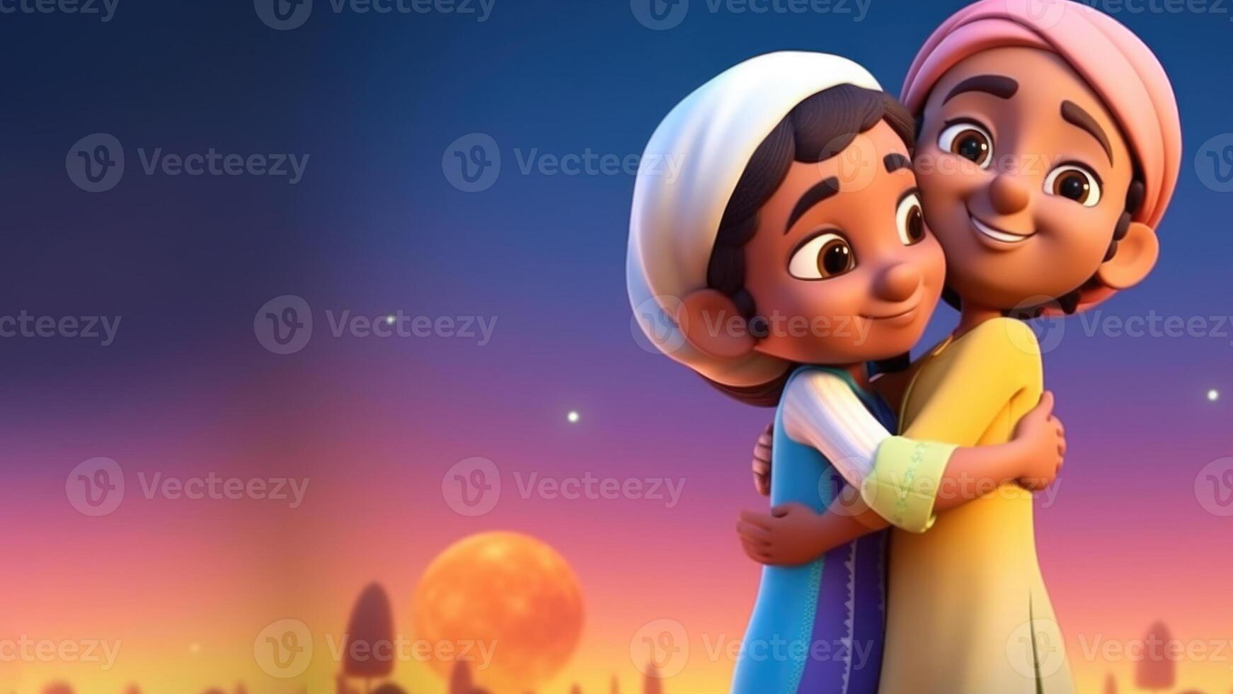 Cute Muslim Kids Character Hugging and Wishing Each Other On Eid Mubarak Concept. photo