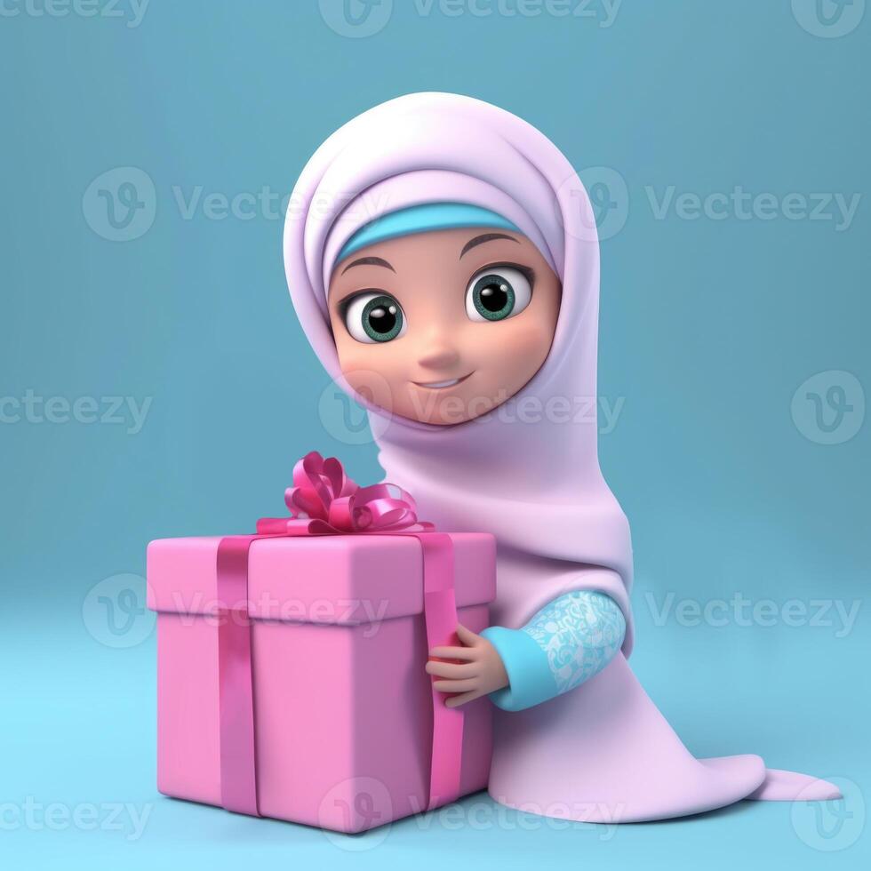 disney estilo hermosa musulmán niña personaje vistiendo hijab con un regalo caja. eid Mubarak concepto, generativo ai. foto