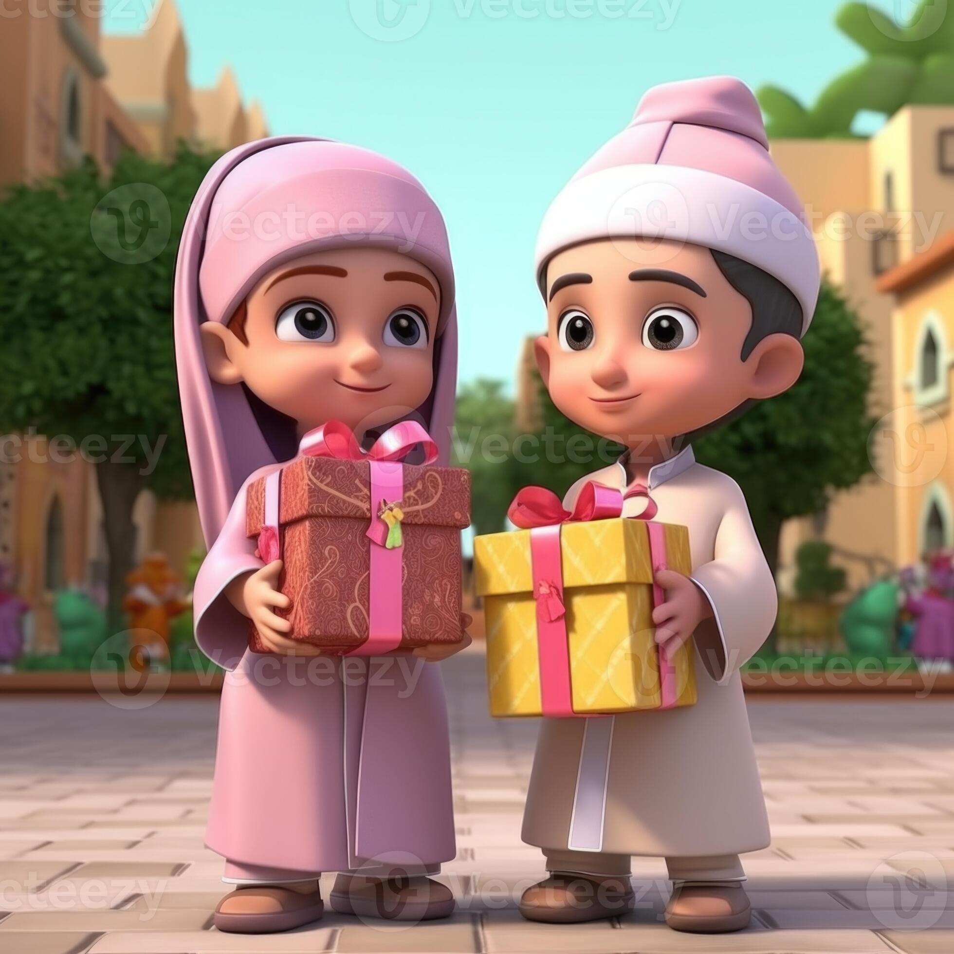 disney style magnifique musulman fille personnage portant hijab avec une  cadeau boîte. eid mubarak concept, génératif ai. 24783067 Photo de stock  chez Vecteezy