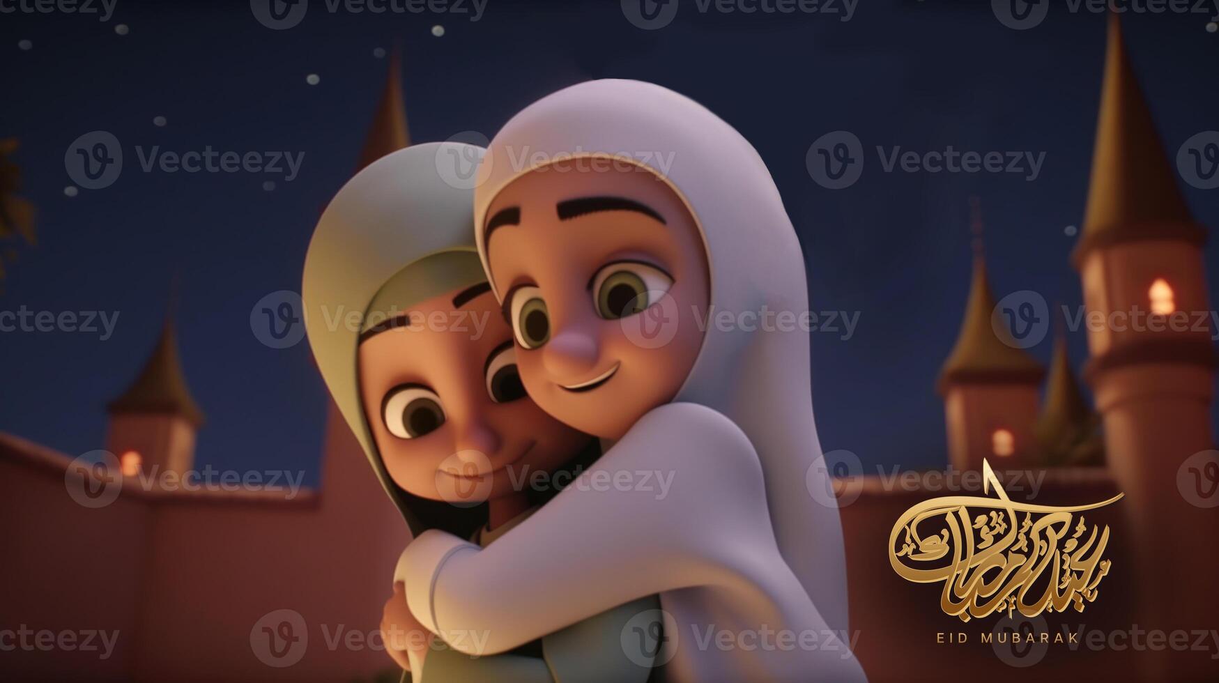 Adorable Disney Style Avatar of Muslim Girls Hugging and Wishing Each Other in Night For Eid Mubarak Concept, . photo