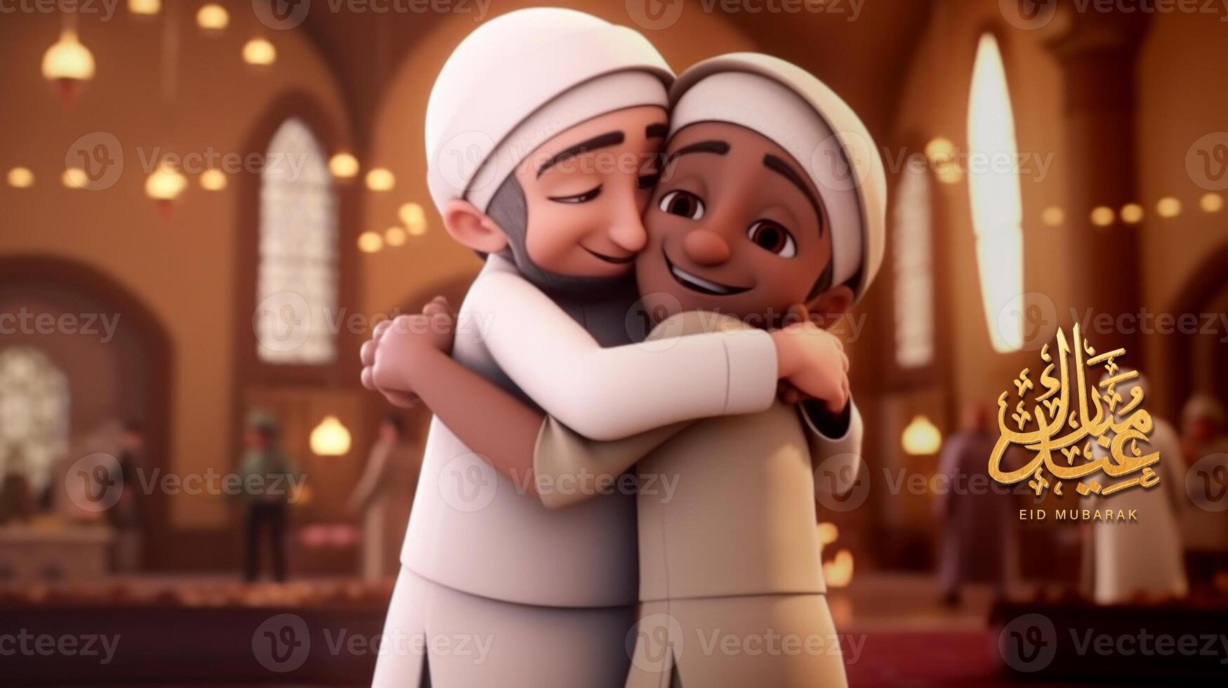 Adorable Muslim Men Hugging and Wishing Each Other, Blurred Mosque Background For Eid Mubarak Concept, . photo