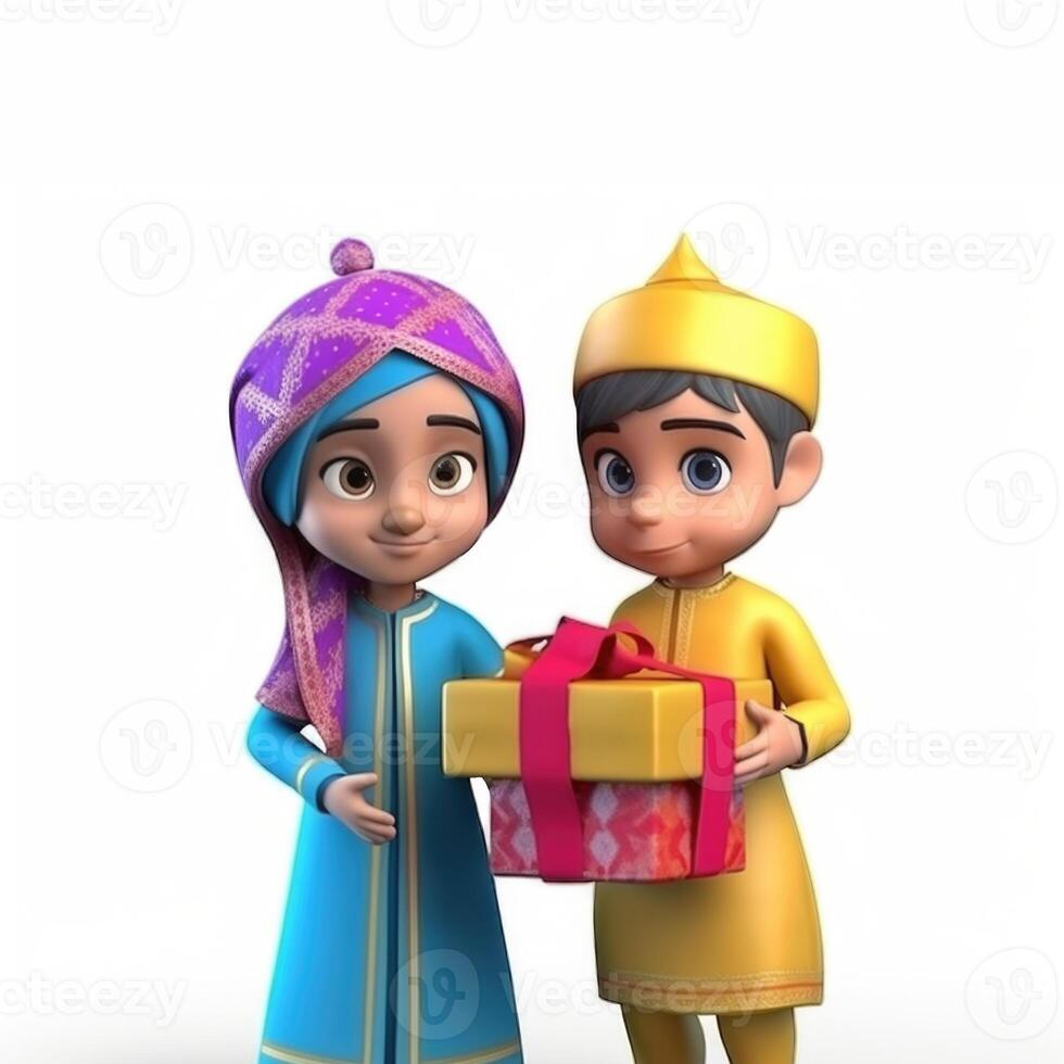 adorable disney estilo personaje de musulmán niños con un regalo caja, eid Mubarak concepto. generativo ai. foto