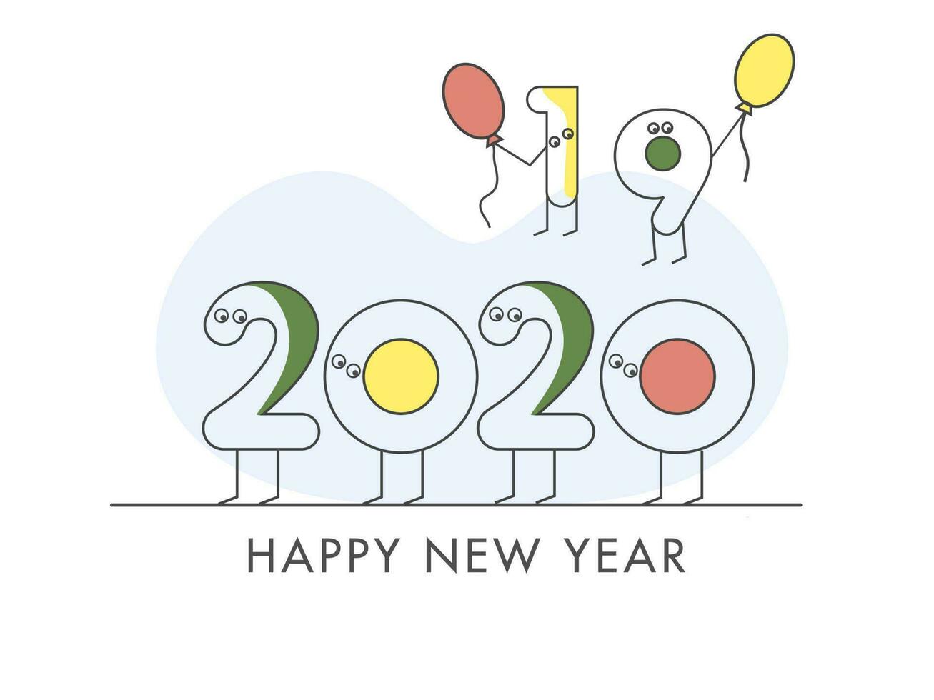 Funny cartoon number text of 2020 with flying 2019 in line art style on white background for Happy New Year celebration. vector