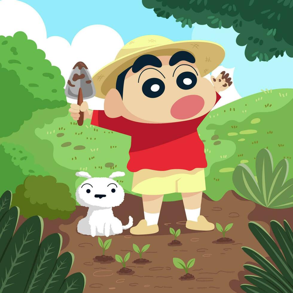Kid Planting Trees in the Garden vector
