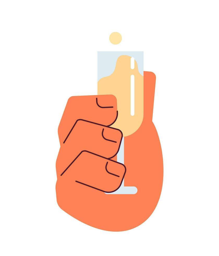 Caucasian hand toasting glass with sparkling wine semi flat colorful vector hand. Champagne beverage. Editable pov closeup clip art on white. Simple cartoon spot illustration for web graphic design