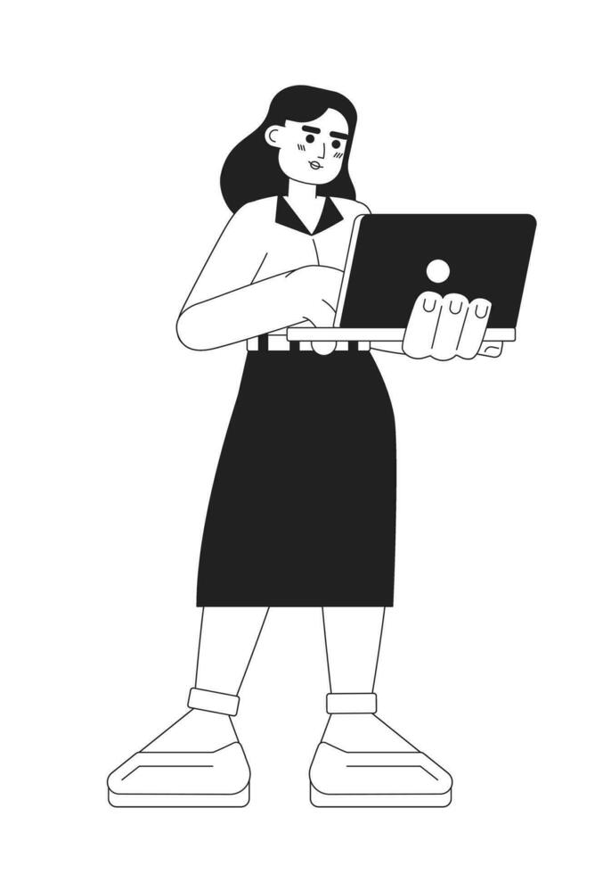 Business woman holding laptop monochromatic flat vector character. Teacher woman with notebook. Editable thin line full body person on white. Simple bw cartoon spot image for web graphic design