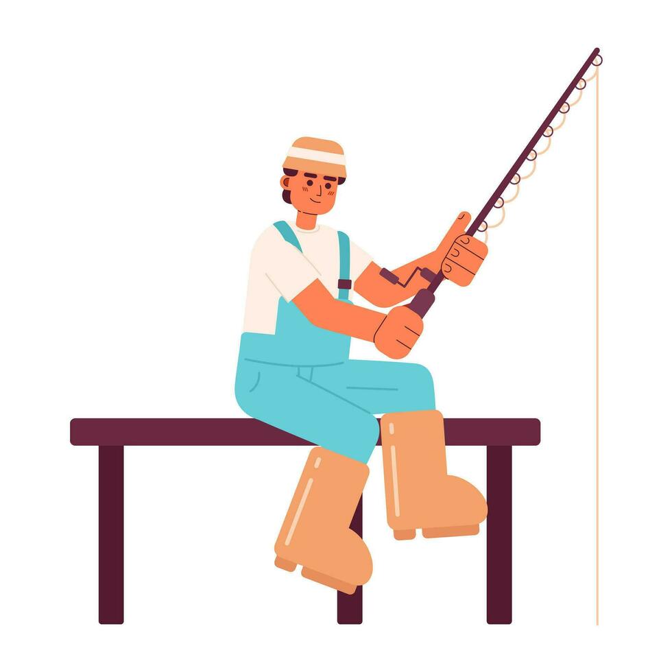Fisherman reeling in fish on dock semi flat colorful vector character. Fisher in bucket hat. Summer hobby. Editable full body person on white. Simple cartoon spot illustration for web graphic design