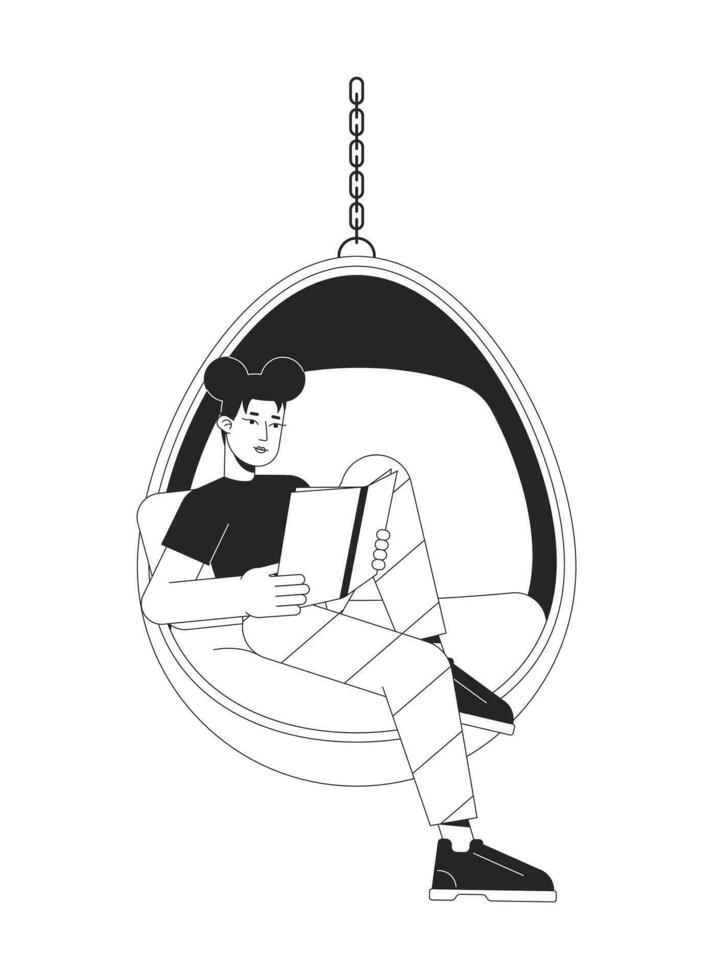 Teen girl reading book in hanging chair flat line black white vector character. Editable outline full body person. Cosy reading simple cartoon isolated spot illustration for web graphic design