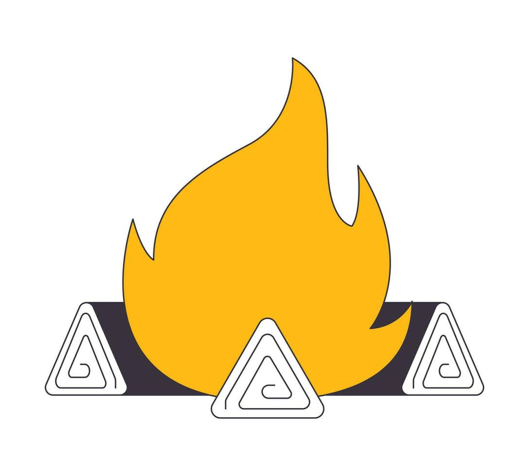 Burning bonfire flat line color isolated vector object. Campfire for hikers. Flame over timber. Editable clip art image on white background. Simple outline cartoon spot illustration for web design