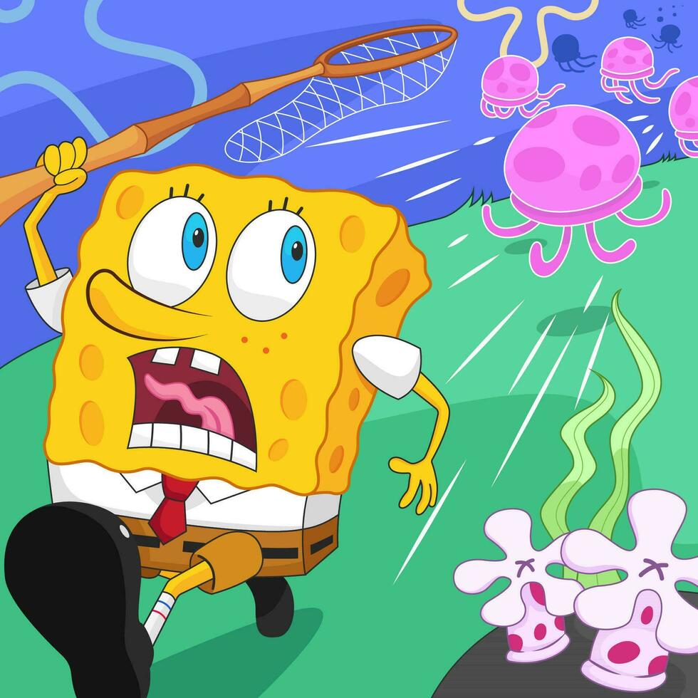 Sponge Man Being Chased By Jellyfishes vector