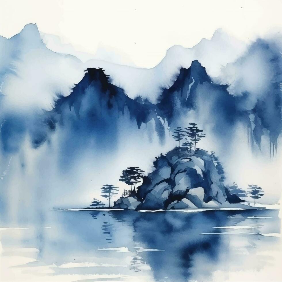 abstract mountain landscape in japanese style indigo ink vector