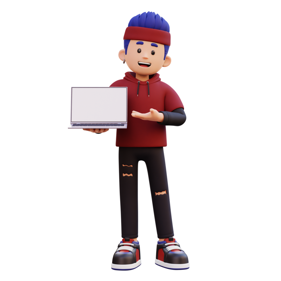 3d male character holding and presenting to a laptop with empty screen png