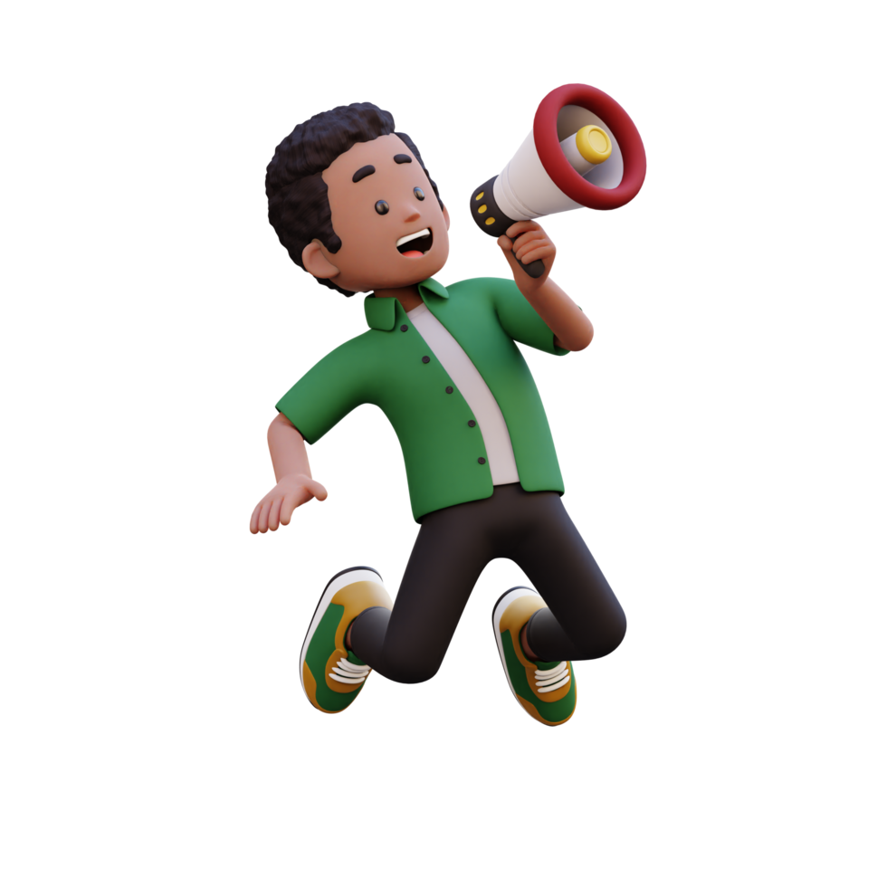 3d male character jumping and holding a megaphone png