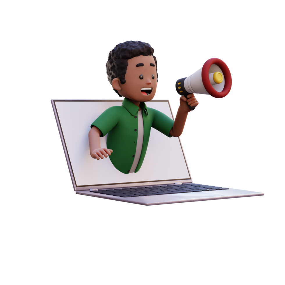 3d male character jumping out from computer screen and holding a megaphone png