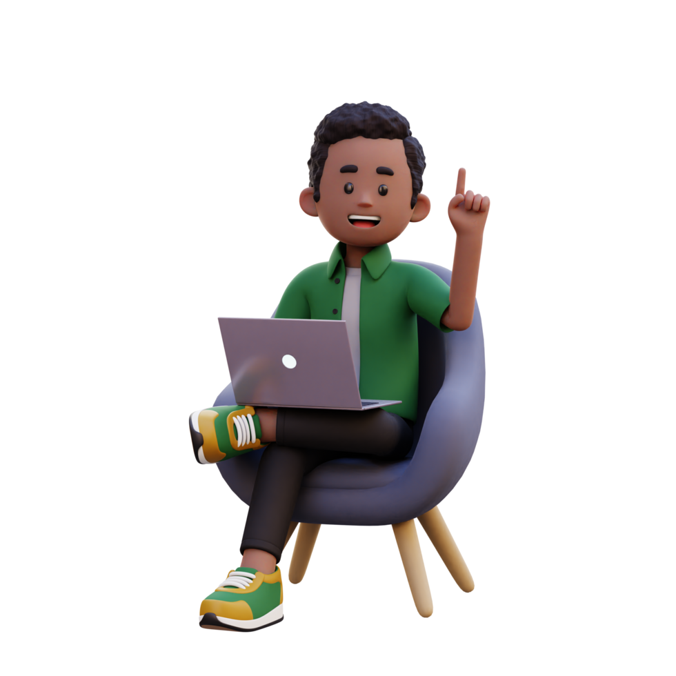 3d male character get an idea while sitting on a sofa and working on a laptop png