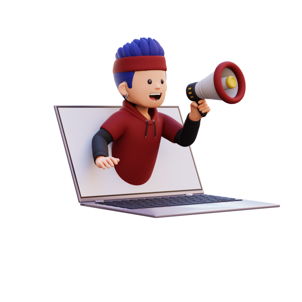 3d male character jumping out from computer screen and holding a megaphone png