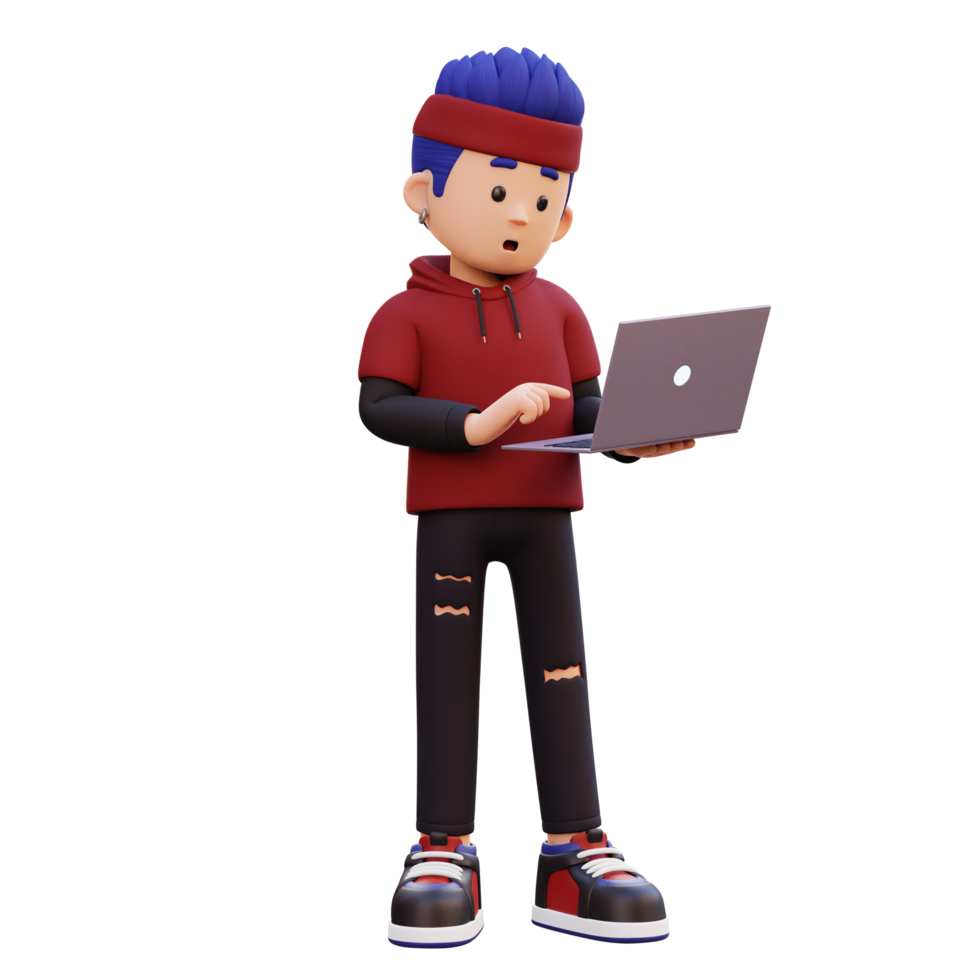 3d male character standing confused working on a laptop png