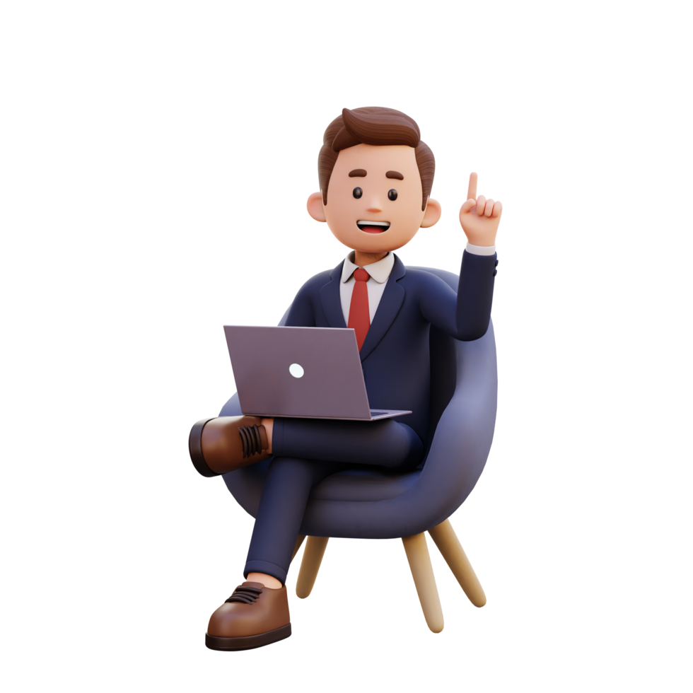 3d male character get an idea while sitting on a sofa and working on a laptop png