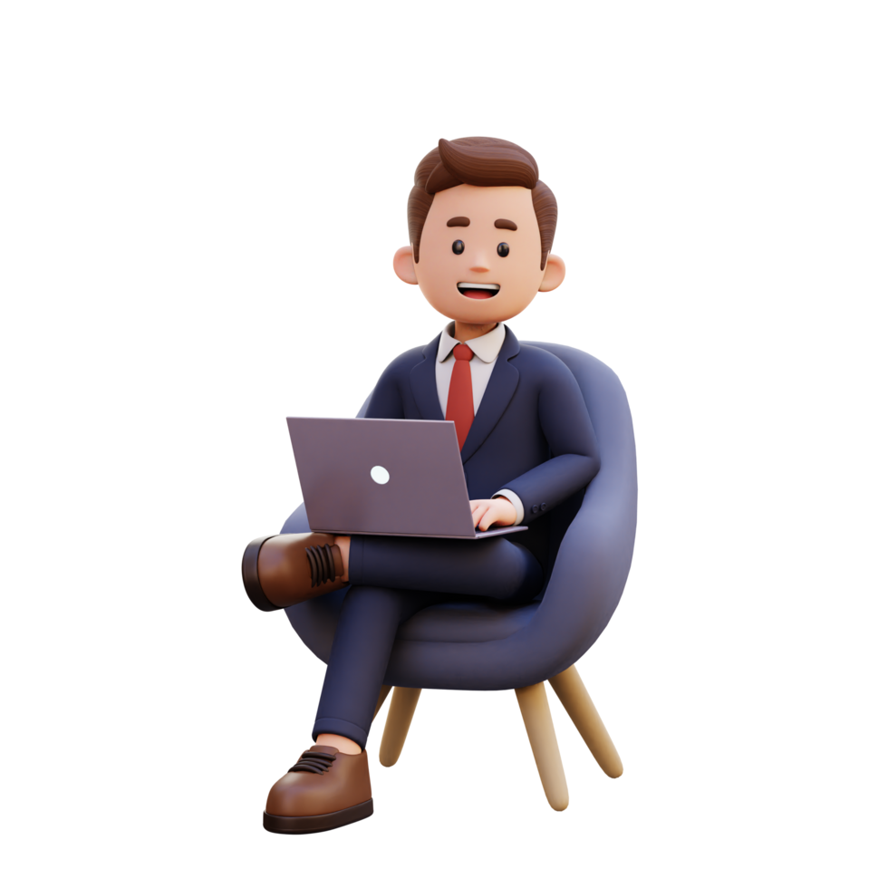 3d male character sitting on a sofa and working on a laptop png