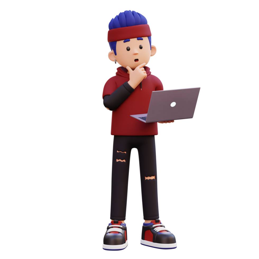 3d male character thinking and working on a laptop png