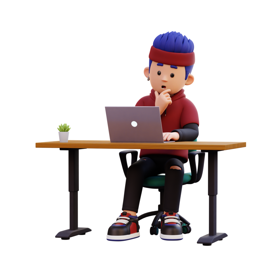 3d male character thinking and working on a laptop png