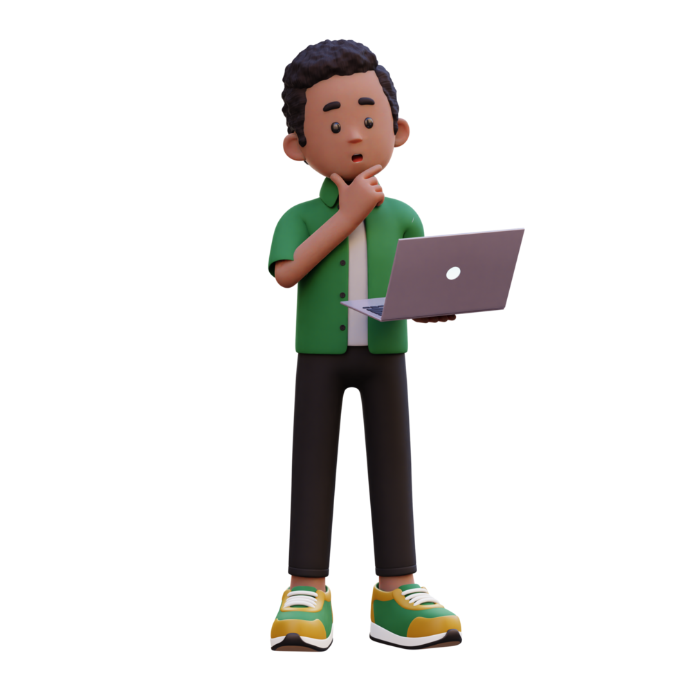 3d male character thinking and working on a laptop png