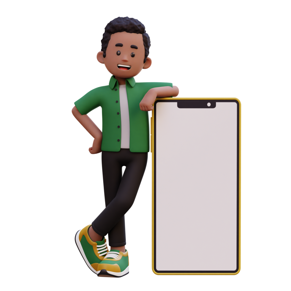 3d masculino personaje tendido en un grande inteligente teléfono con vacío pantalla png