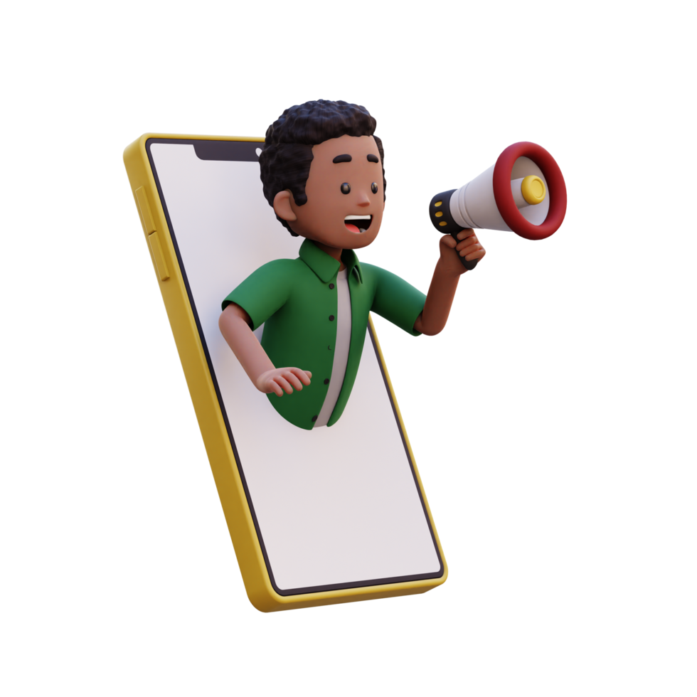 3d male character jumping out from smart phone screen and holding a megaphone png