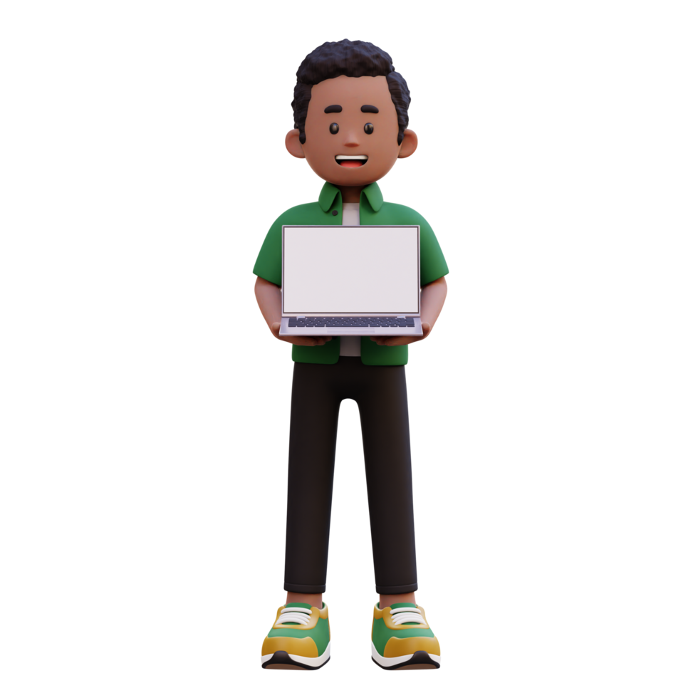 3d male character holding and presenting a laptop with empty screen png