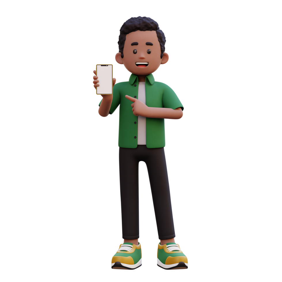 3d male character holding and pointing to a smart phone with empty screen png