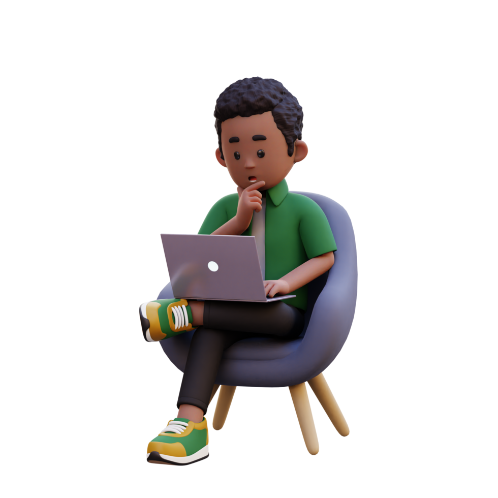 3d male character sitting on a sofa and working on a laptop with thinking pose png