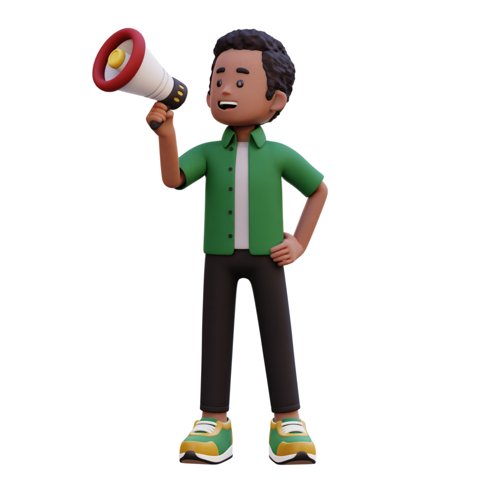 3d male character give announcement use megaphone png