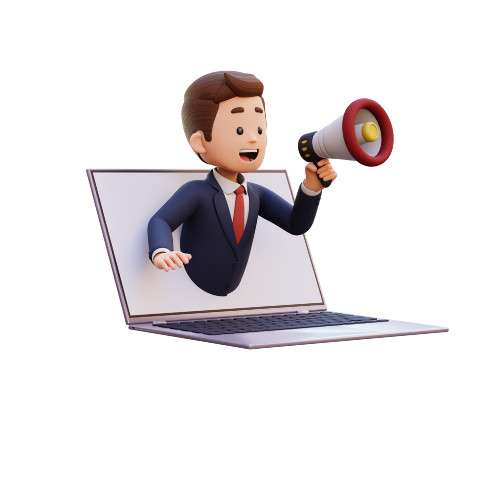 3d male character jumping out from computer screen and holding a megaphone png