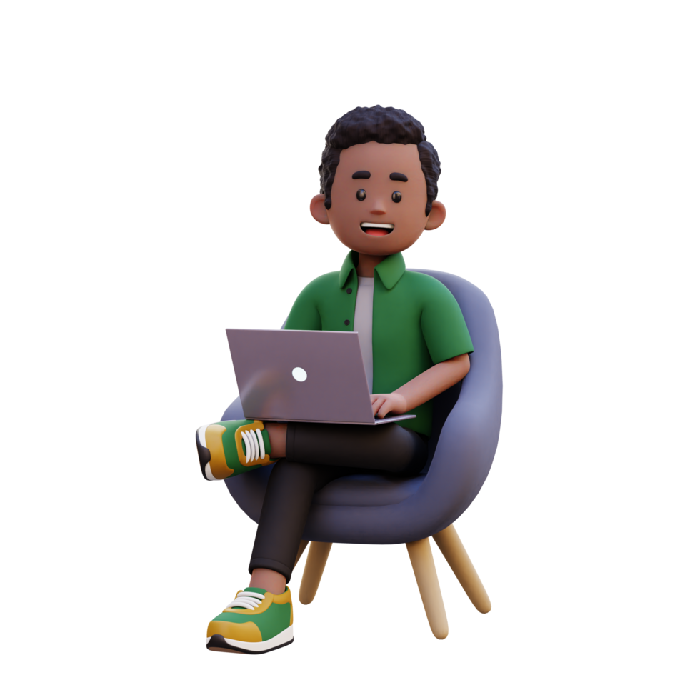 3d male character sitting on a sofa and working on a laptop png